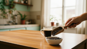 Roasted coffee beans scoop, bowl, and fresh black coffee in a warm kitchen
